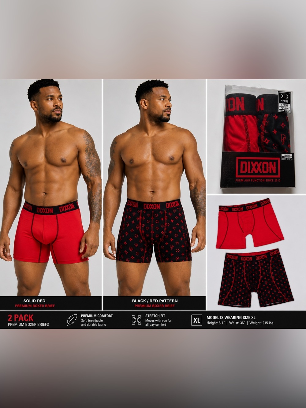Dixxon Bold Red & Black Premium Boxer Briefs 2-Pack Men’s XL NWT